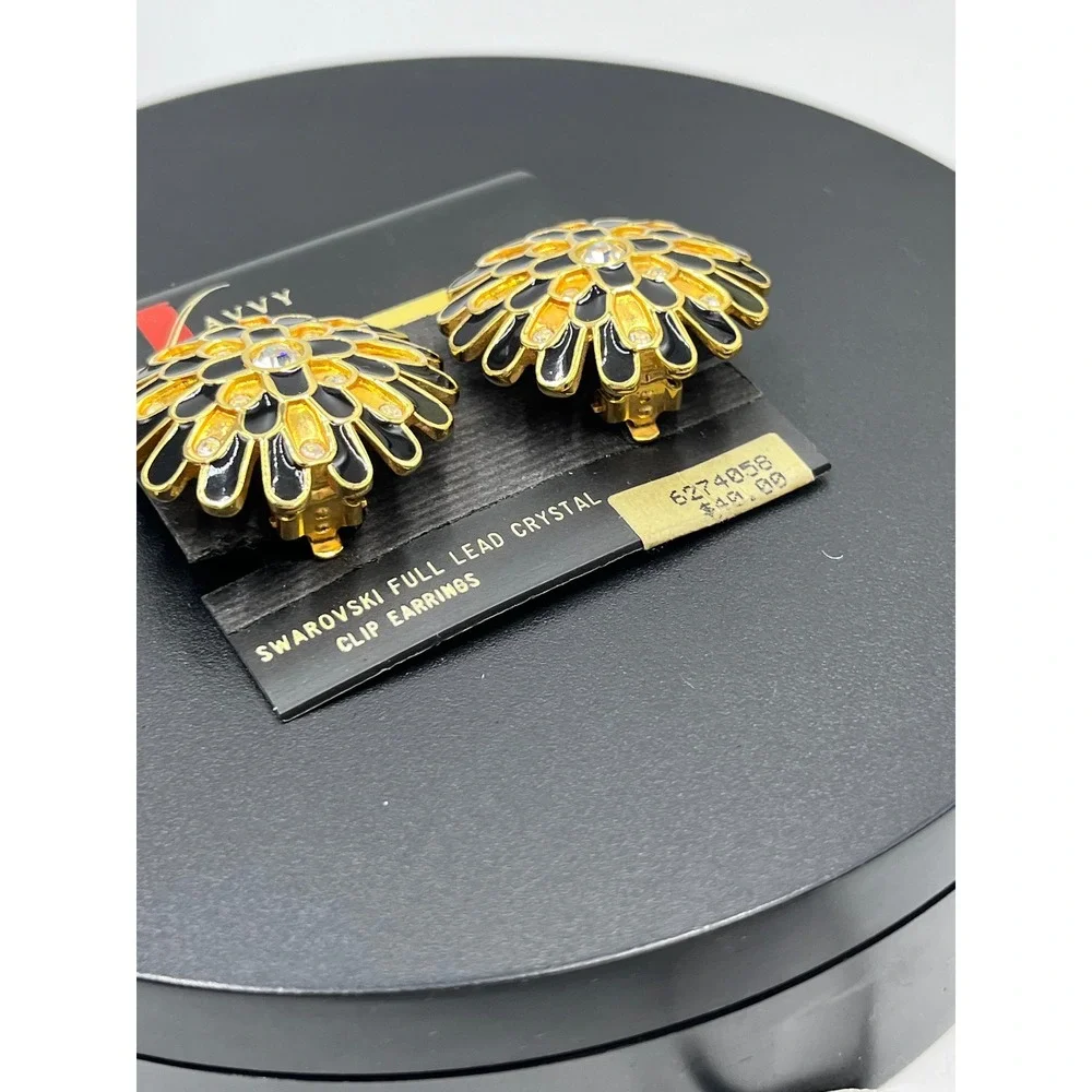 Vintage Swarovski Black Enamel and Gold Starburst Full Lead Clip On Earrings NOS